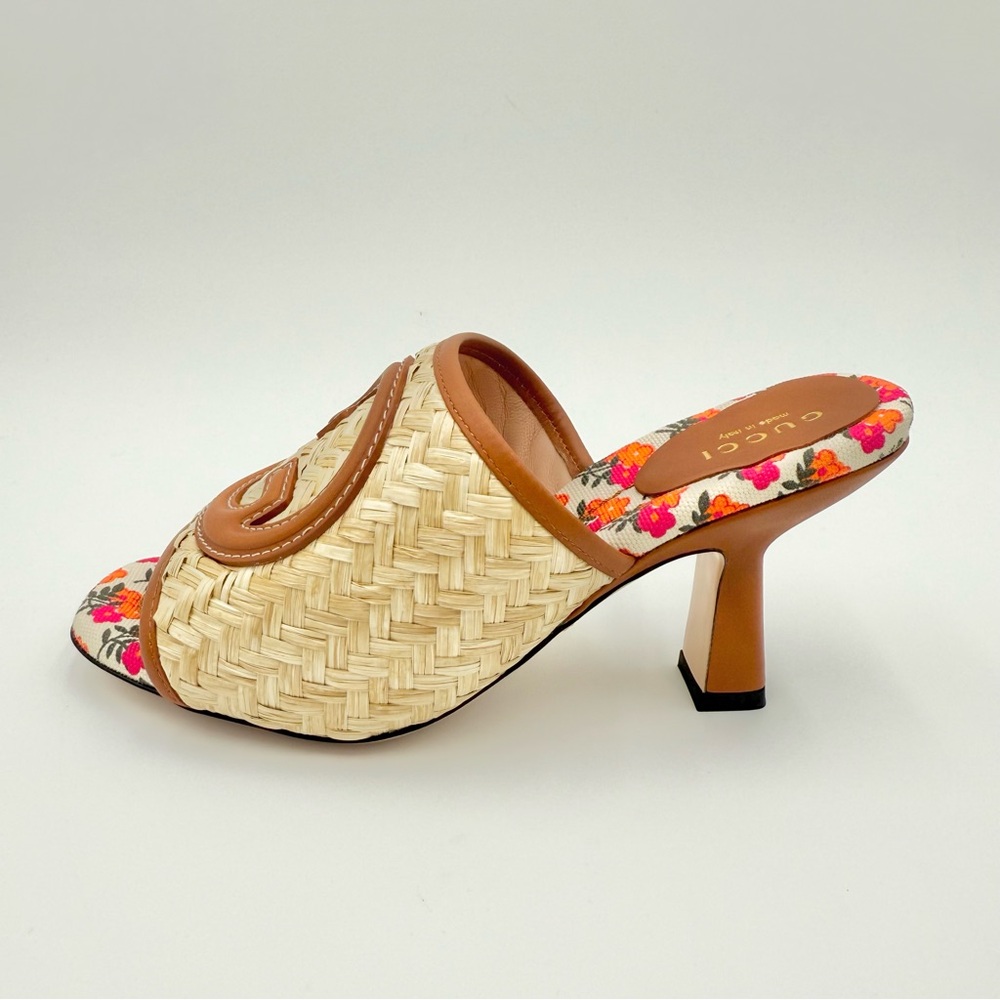 Gucci Tan Raffia Floral Slip-On Heeled Mules - Picture 6 of 13